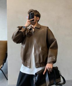 Korean Fashion Loose-Fit Leather-Jacket 'Coffee'