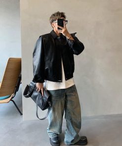 Korean Fashion Loose-Fit Leather-Jacket 'Black'