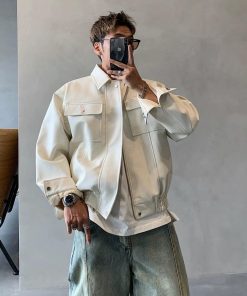 Classic Slim-Pocket Leather-Jacket 'White'