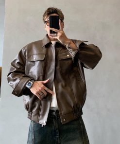 Classic Slim-Pocket Leather-Jacket 'Coffee'