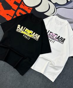 Balenciaga Paris Black Yellow Text-Print Oversized Tshirt-Half