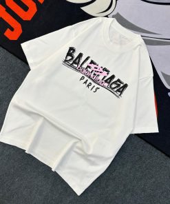 Balenciaga Paris White Pink Text-Print Oversized Tshirt-Half