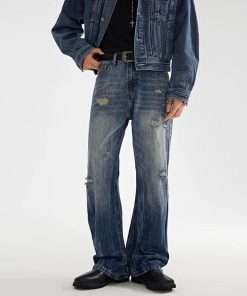 Vintage Ripped Loose Straight Leg Denim Pants 'Distressed Blue'