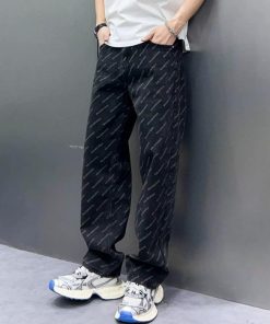 Loose Straight Leg Jeans with Balenciaga Letter Print Black