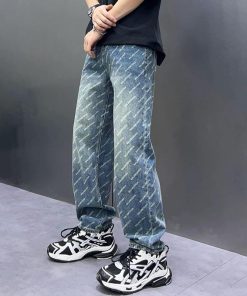 Loose Straight Leg Jeans with Balenciaga Letter Print Vintage Washed Blue