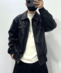 Plain Standard Collar Leather-Jacket 'Black'