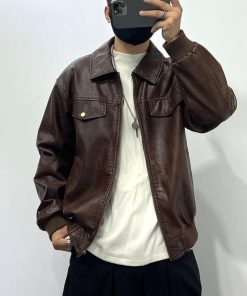 Plain Standard Collar Leather-Jacket 'Brown'
