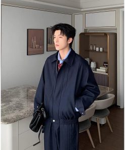 Cheongdam Edge Blouson Zipped Leather-Jacket 'Deep Blue'