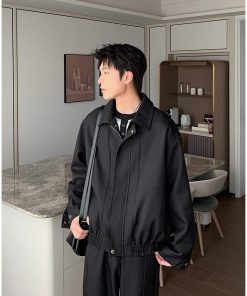 Cheongdam Edge Blouson Zipped Leather-Jacket 'Black'