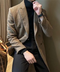 Wool Double Breasted Casual Mid Length Plaid Coat