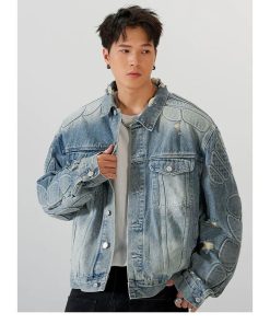 Standing-Collar Denim Jeans-Jacket '-Blue yellowish'