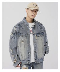 Standing Collar Denim Jeans-Jacket 'Wash Bluish'