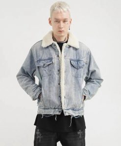 Fur Collar Denim Jeans-Jacket 'Light-Grey'
