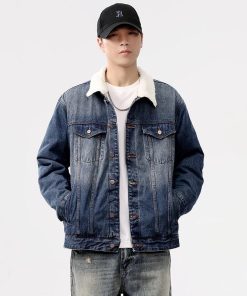 Fur Collar Denim Jeans-Jacket 'Vintage Faded Dark Blue'