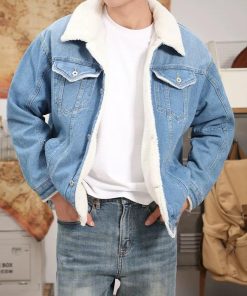 Fur Collar Denim Jeans-Jacket 'Washed Soft Blue'