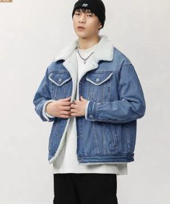 Fur Collar Denim Jeans-Jacket 'Sky Blue-Grey'