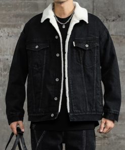 Fur Collar Denim Jeans-Jacket 'Black'