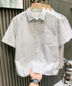 Short-Sleeved Striped Button-Up Cotton Shirt Mint