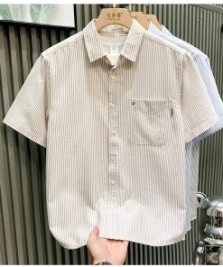 Short-Sleeved Striped Button-Up Cotton Shirt