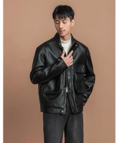 Korean Dual Box Pocket PU Leather-Jacket 'Black'