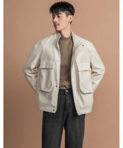 Korean Dual Box Pocket PU Leather-Jacket 'Off-White'