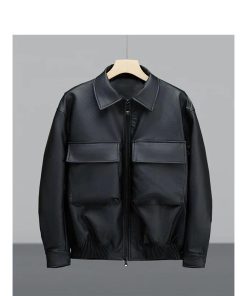 Box Pocket Zip-Up Leather-Jacket 'Black'