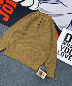Ribbed Knit Sweater with Chest-Level Button 'Sesame'