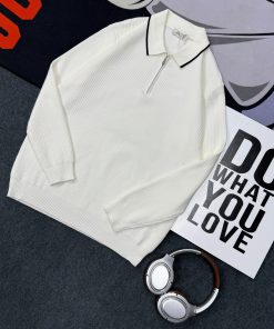 Classic Urban Style Half-Zip Waffle-Knit Polo Sweater 'White'
