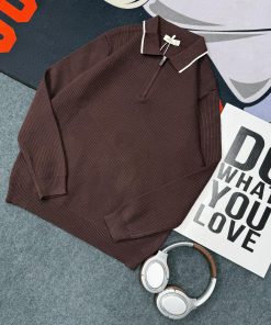 Classic Urban Style Half-Zip Waffle-Knit Polo Sweater 'Brown'