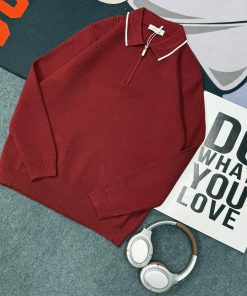Classic Urban Style Half-Zip Waffle-Knit Polo Sweater 'Brick Red'