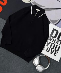Classic Urban Style Half-Zip Waffle-Knit Polo Sweater 'Black'