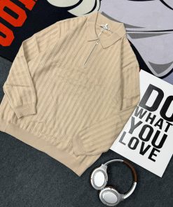 Classic Urban Style Half-Zip Knitted Polo Jumper 'Light Brown'