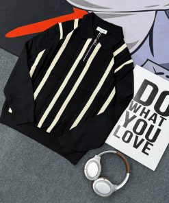 Classic Urban Style Quarter Zip-Up Knit Stripes Patterned Sweater 'Black'