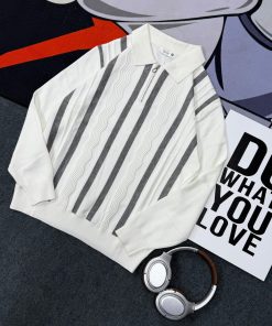 Classic Urban Style Quarter Zip-Up Knit Stripes Patterned Sweater 'White'
