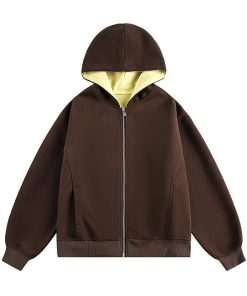 Soft Fleece Zip-Up Hooded Jacket with Pocket 'Brown'