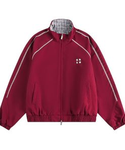Ichmode American Style Plaid Patchwork Zipper-Jacket 'Maroon'