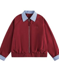 Autumn Retro American Plaid Patchwork Two-Piece Jacket 'Maroon'