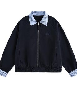 Autumn Retro American Plaid Patchwork Two-Piece Jacket 'Black/Navy'