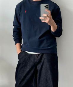Classic Fit Long-Sleeve Crewneck Top with Chest Embroidery Tshirt-Full 'Navy'