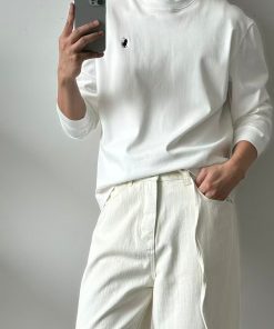 Classic Fit Long-Sleeve Crewneck Top with Chest Embroidery Tshirt-Full 'White'