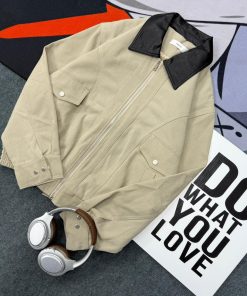 Artisan Crafted Leather Collar Trucker Jacket 'Beige'