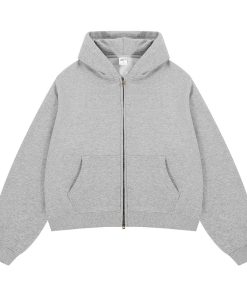Relaxed Fit Zip-Front Hoodie with Kangaroo Pockets 'Light Grey'