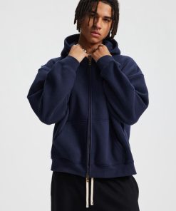 Relaxed Fit Zip-Front Hoodie with Kangaroo Pockets 'Navy Blue'