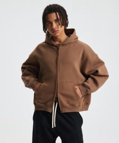 Relaxed Fit Zip-Front Hoodie with Kangaroo Pockets 'Coffee'