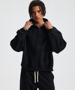 Relaxed Fit Zip-Front Hoodie with Kangaroo Pockets 'Black'
