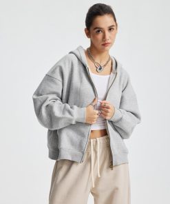 Relaxed Fit Zip-Front Hoodie with Kangaroo Pockets 'Light Grey'