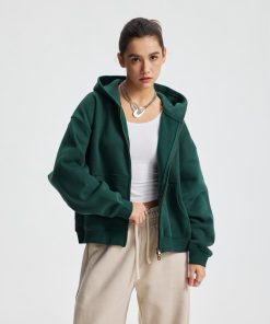 Relaxed Fit Zip-Front Hoodie with Kangaroo Pockets 'Green'