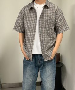 Men's Regular Fit Short Sleeve Checked Casual Shirt 'Space Grey'