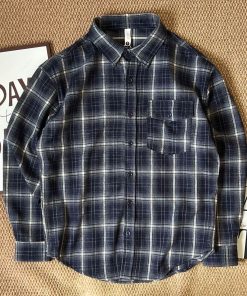 Long-Sleeve Button-Down Flannel Chest Pocket Shirt 'Navy/White'