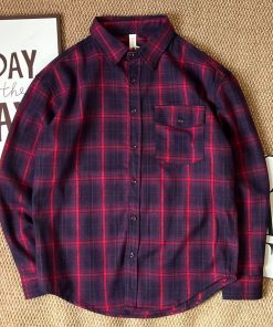 Long-Sleeve Button-Down Flannel Chest Pocket Shirt 'Red/Navy'